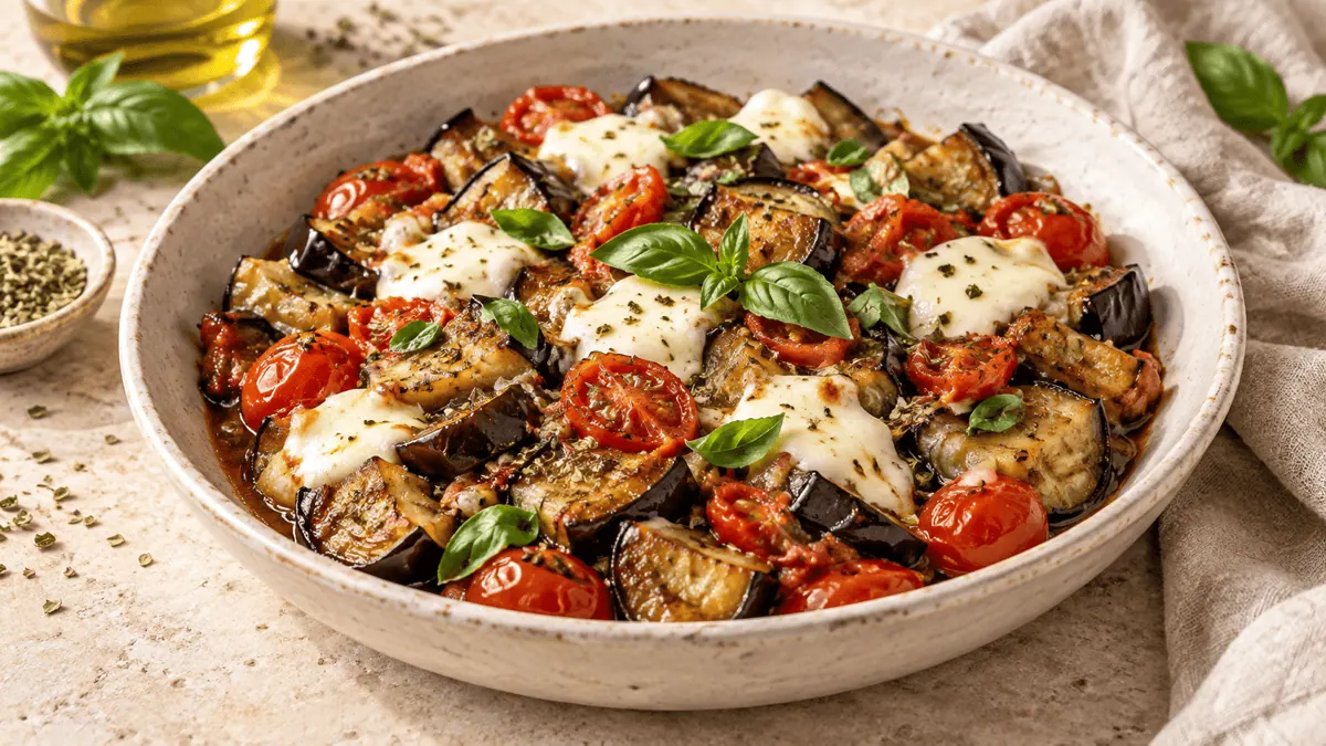 Aubergines poêlées avec tomates cerises, mozzarella et basilic