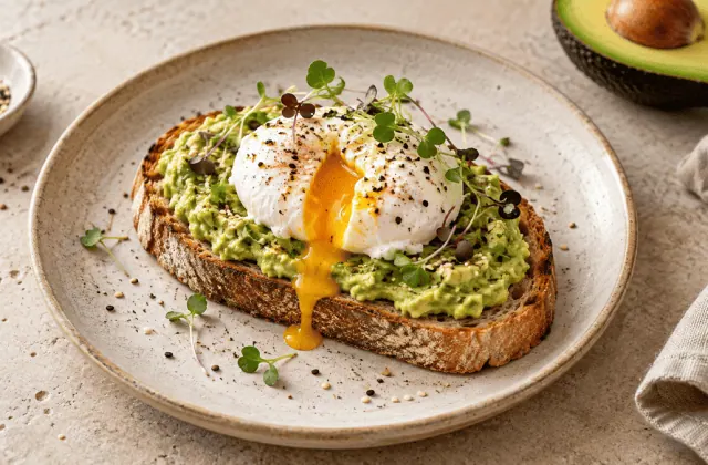 Avocado toast garni d’un œuf poché au jaune coulant