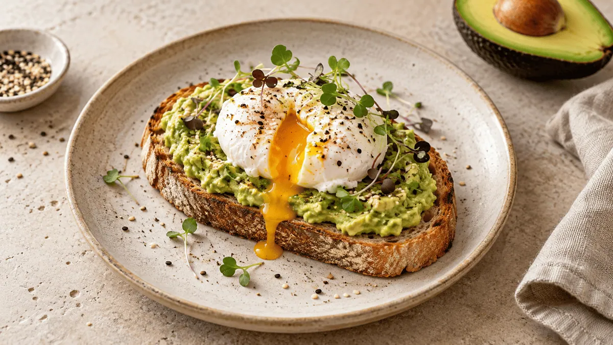 Avocado toast garni d’un œuf poché au jaune coulant