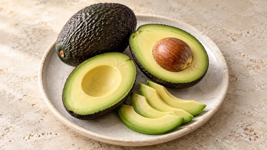 Avocats Hass entiers, coupés en deux et tranchés sur une assiette en grès clair