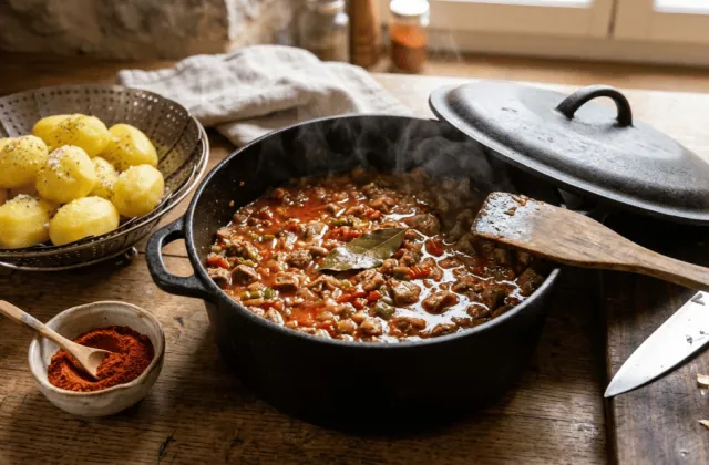 Axoa de veau en fin de mijotage dans la cocotte en fonte, pommes de terre vapeur et piment d’Espelette à côté