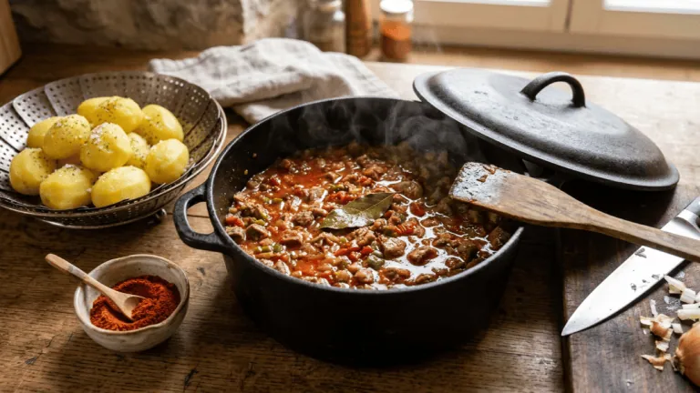 Axoa de veau en fin de mijotage dans la cocotte en fonte, pommes de terre vapeur et piment d’Espelette à côté