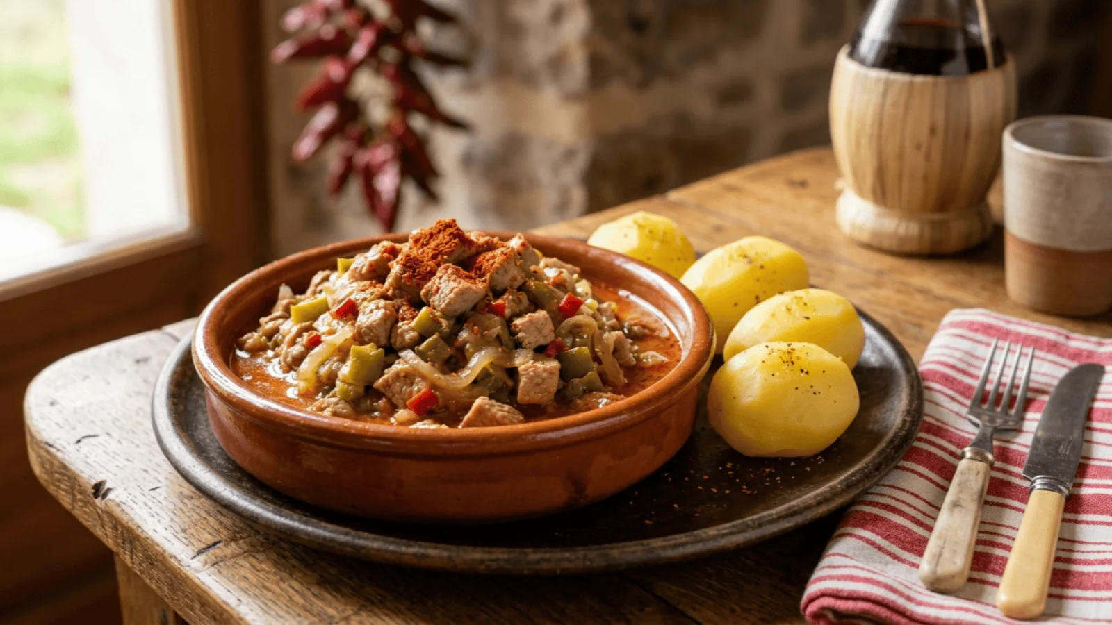 Axoa de veau basque : petits dés de veau mijotés aux oignons, piments doux verts et piment d’Espelette, avec pommes de terre vapeur