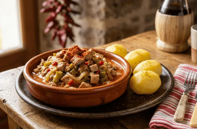 Axoa de veau basque : petits dés de veau mijotés aux oignons, piments doux verts et piment d’Espelette, avec pommes de terre vapeur