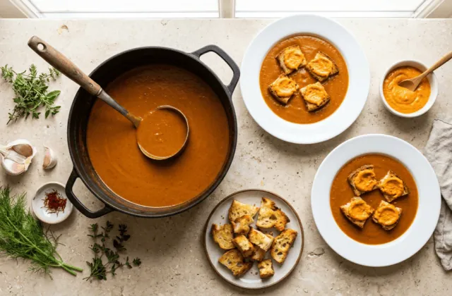 Aziminu maison : soupe de poissons de roche à la corse dans sa cocotte, servie avec croûtons aillés et rouille
