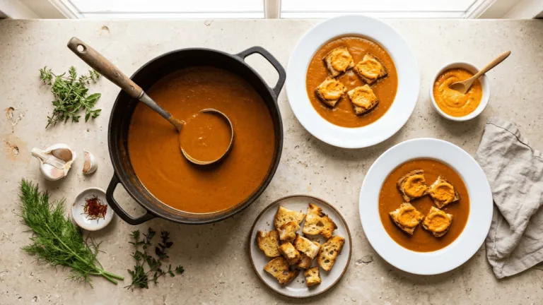 Aziminu maison : soupe de poissons de roche à la corse dans sa cocotte, servie avec croûtons aillés et rouille