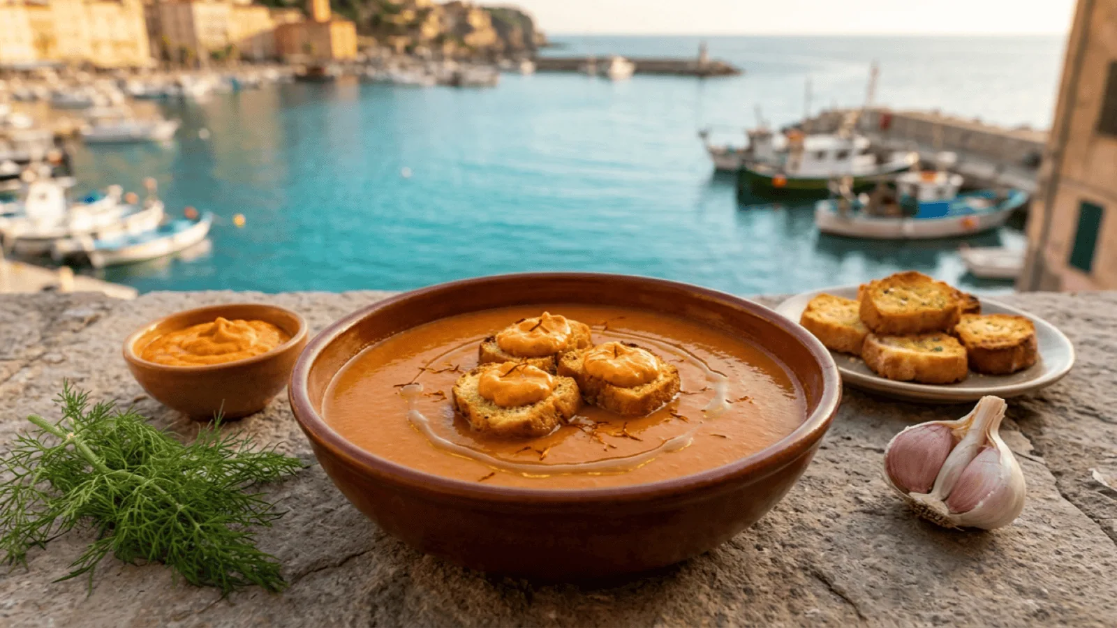 Aziminu, soupe de poissons de roche corse, avec croûtons à la rouille au safran, sur une terrasse face à un port de Corse