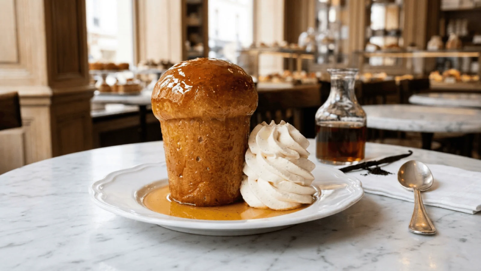 Baba au rhum imbibé de sirop et nappé d’abricot, servi avec une chantilly vanillée sur une table de pâtisserie en marbre