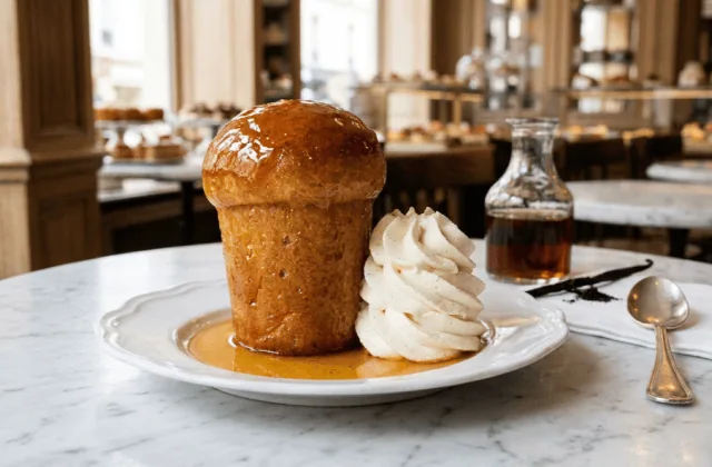 Baba au rhum imbibé de sirop et nappé d’abricot, servi avec une chantilly vanillée sur une table de pâtisserie en marbre