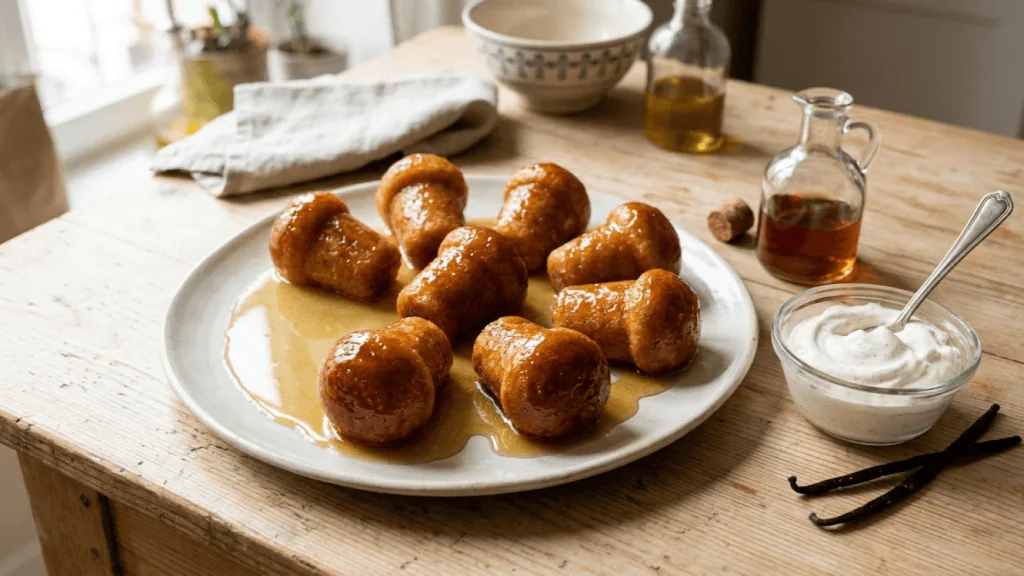 Huit babas au rhum maison glacés à l’abricot sur un plat, avec chantilly vanillée et rhum ambré