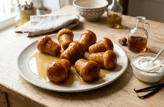 Huit babas au rhum maison glacés à l’abricot sur un plat, avec chantilly vanillée et rhum ambré