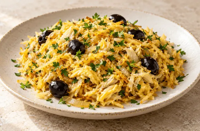 Bacalhau à Brás portugais à la morue, pommes paille et olives noires