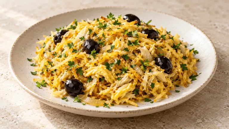 Bacalhau à Brás portugais à la morue, pommes paille et olives noires