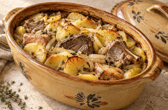 Baeckeoffe aux trois viandes, pommes de terre et oignons dans une terrine