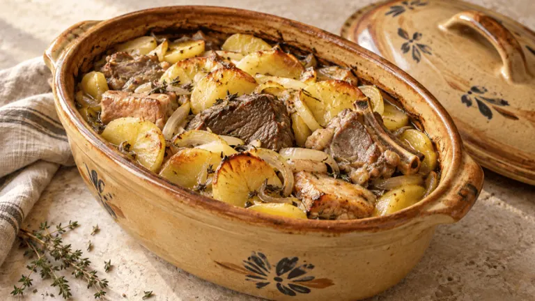 Baeckeoffe aux trois viandes, pommes de terre et oignons dans une terrine