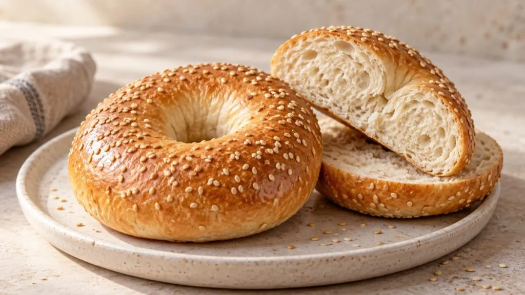 Bagels nature dorés au sésame, entiers et coupés