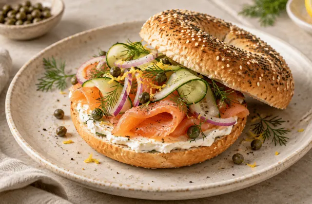 Bagel au saumon fumé, fromage frais, concombre et aneth