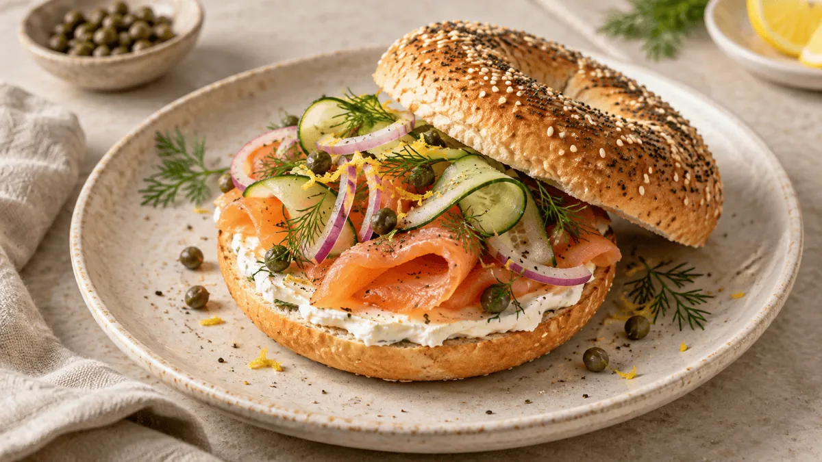Bagel au saumon fumé, fromage frais, concombre et aneth
