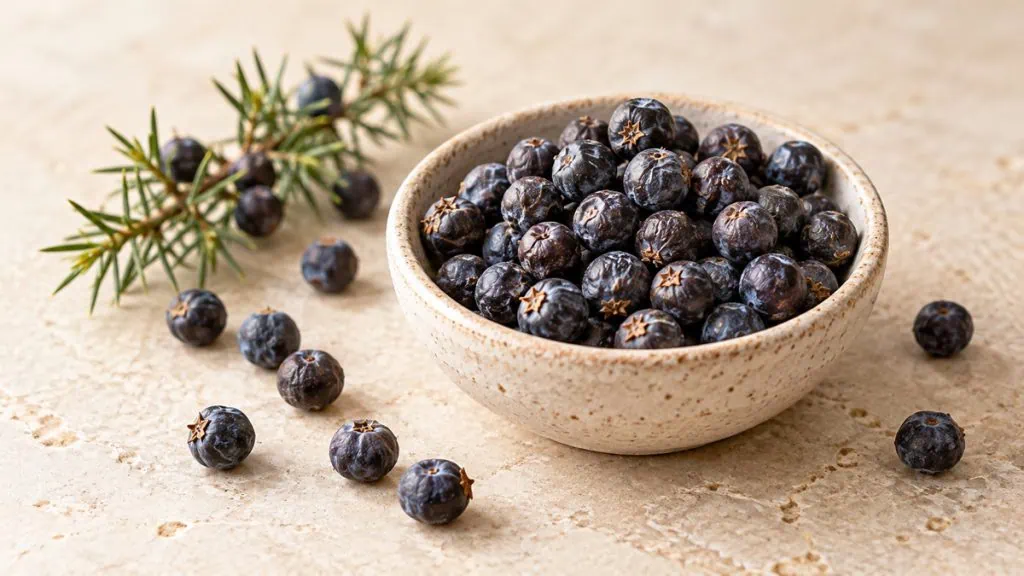 Baies de genièvre bleu-noir dans un bol avec une branche de genévrier