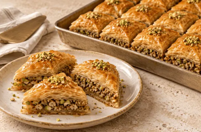 Baklava croustillant aux noix et pistaches découpé en portions