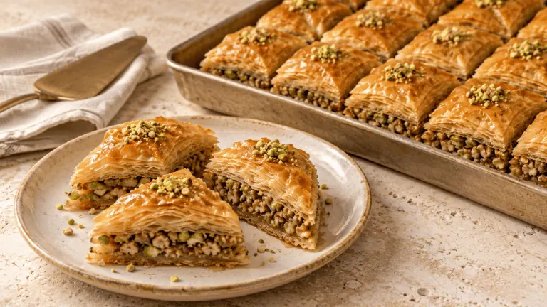 Baklava croustillant aux noix et pistaches découpé en portions
