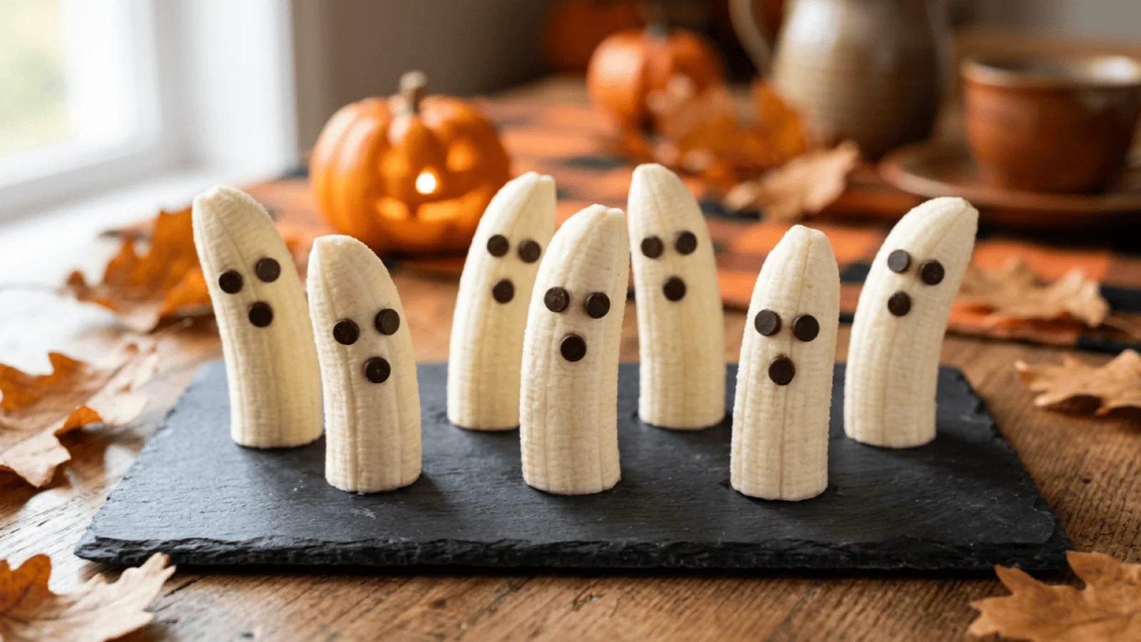 Six bananes fantômes debout sur une ardoise, yeux et bouche en pépites de chocolat, citrouille d’Halloween en arrière-plan
