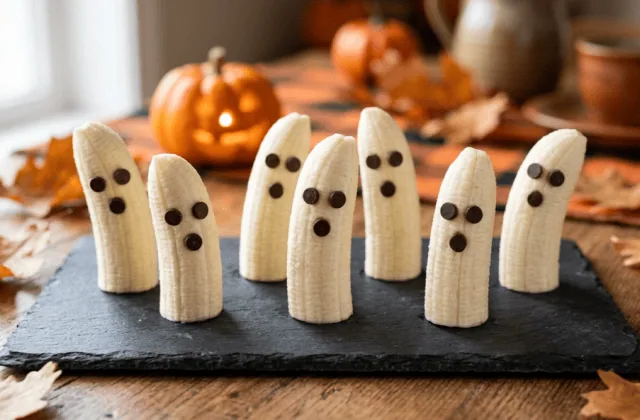 Six bananes fantômes debout sur une ardoise, yeux et bouche en pépites de chocolat, citrouille d’Halloween en arrière-plan