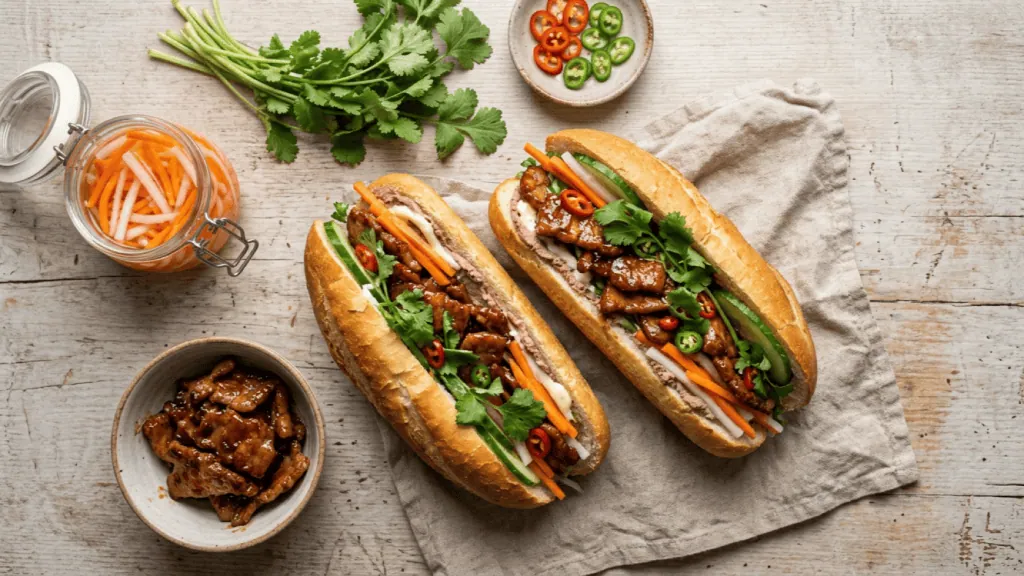 Bánh mì maison au porc caramélisé et pickles, avec bocal de pickles, coriandre et piments