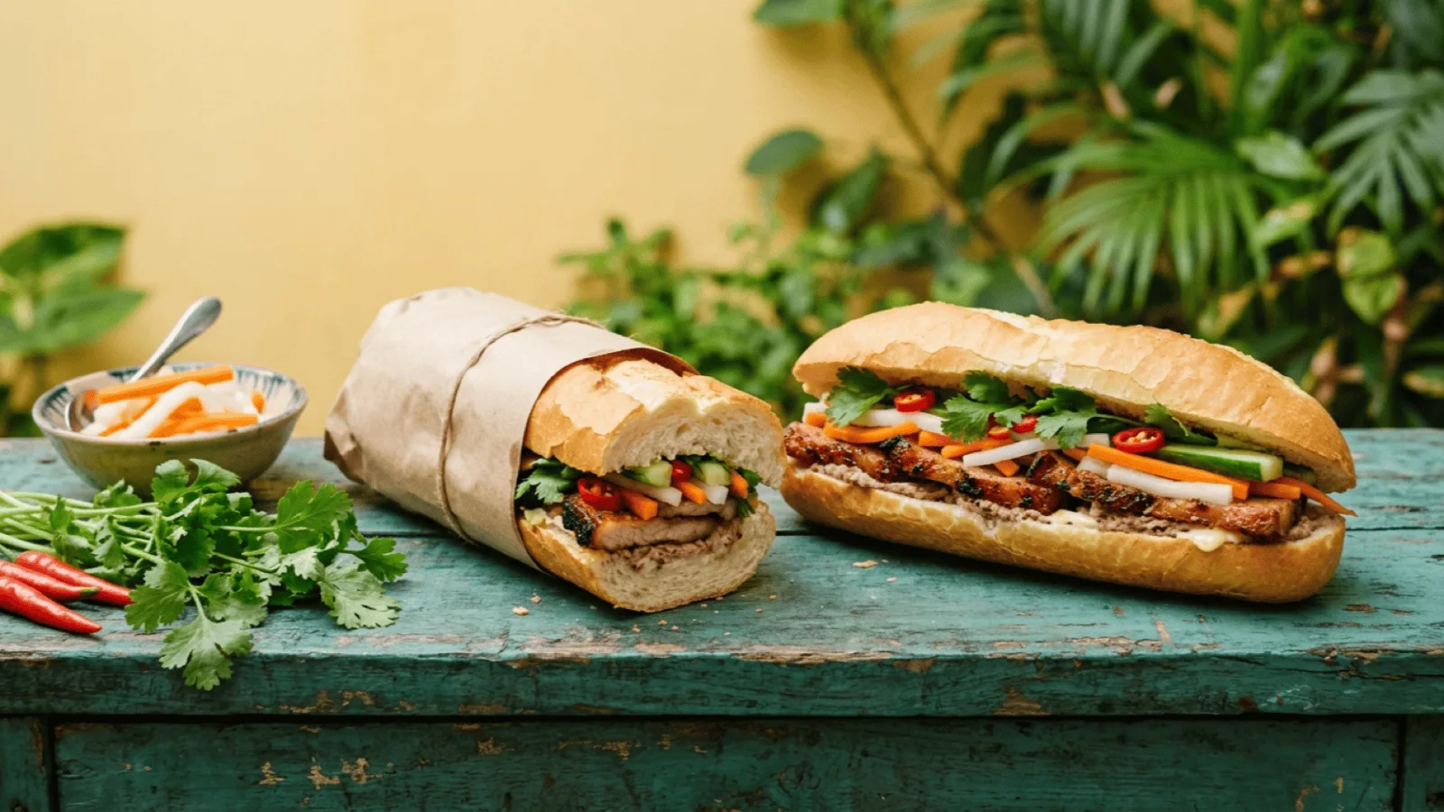 Deux bánh mì garnis de porc caramélisé, pickles de carotte et daïkon, concombre, coriandre et piment, l’un emballé dans du papier kraft