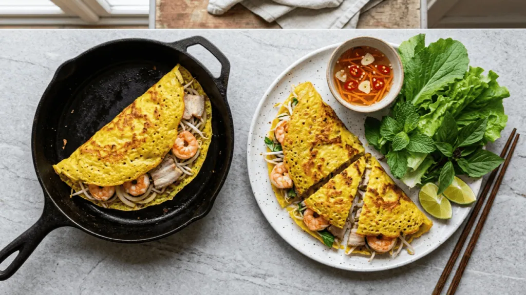 Bánh xèo aux crevettes et au porc maison, dans la poêle et coupé en parts, avec nước chấm et herbes fraîches