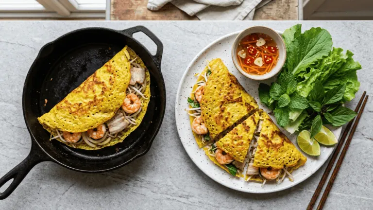 Bánh xèo aux crevettes et au porc maison, dans la poêle et coupé en parts, avec nước chấm et herbes fraîches
