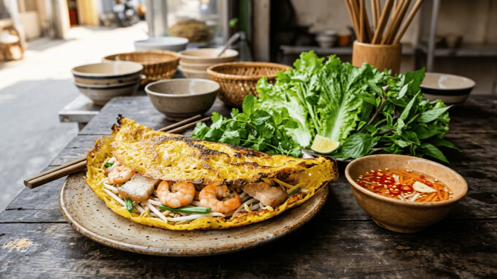 Bánh xèo croustillant plié en demi-lune, crevettes, poitrine de porc et pousses de soja, avec salades, herbes et nước chấm