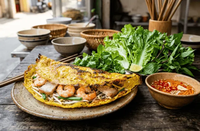 Bánh xèo croustillant plié en demi-lune, crevettes, poitrine de porc et pousses de soja, avec salades, herbes et nước chấm