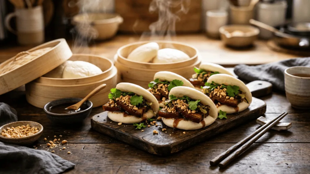 Bao buns garnis de poitrine de porc braisée, cacahuètes concassées et coriandre, paniers vapeur en bambou