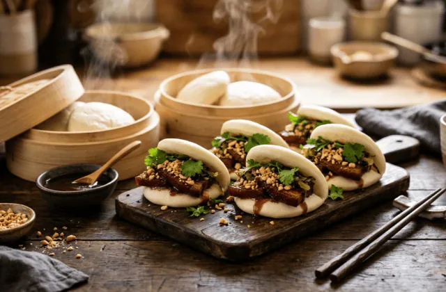 Bao buns garnis de poitrine de porc braisée, cacahuètes concassées et coriandre, paniers vapeur en bambou