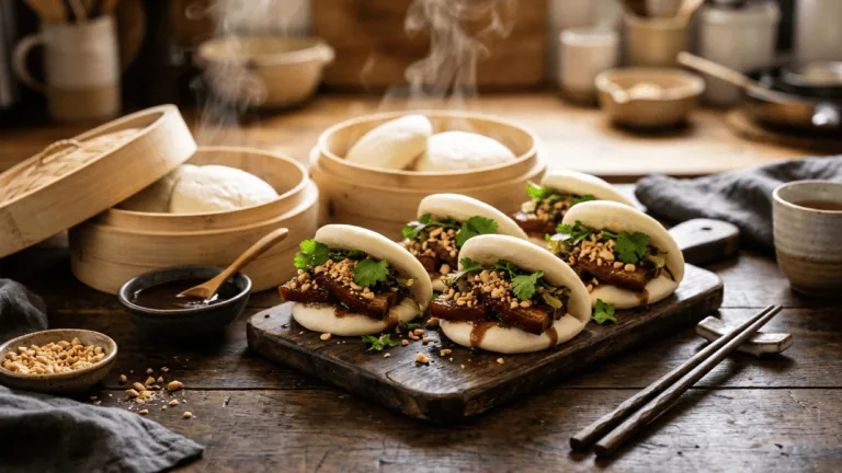 Bao buns garnis de poitrine de porc braisée, cacahuètes concassées et coriandre, paniers vapeur en bambou