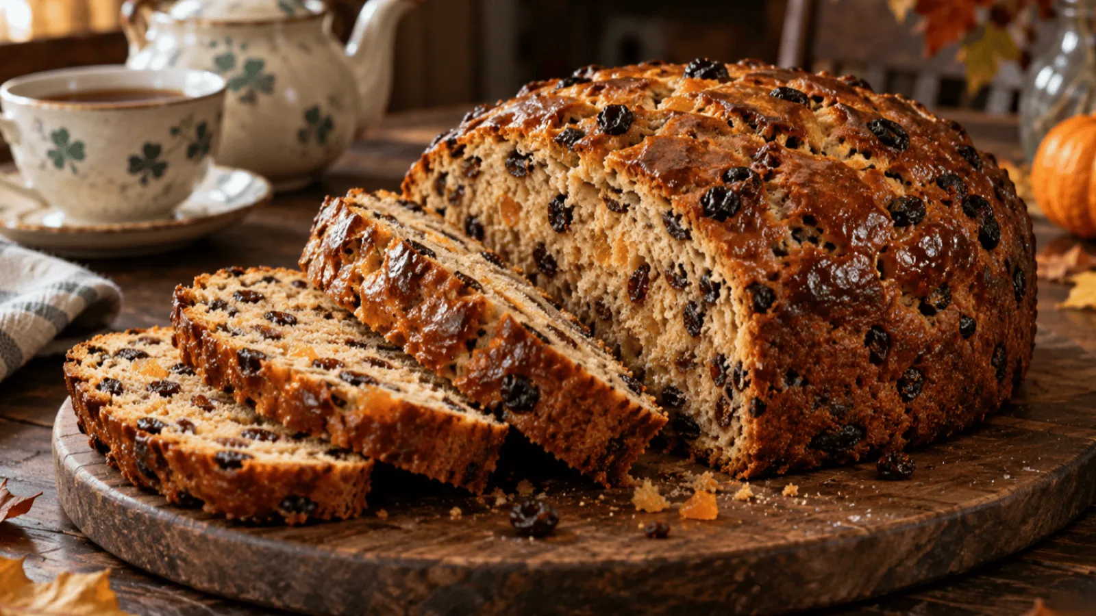 Barmbrack irlandais aux raisins secs et écorces confites, entier et tranché