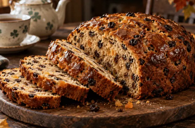Barmbrack irlandais aux raisins secs et écorces confites, entier et tranché