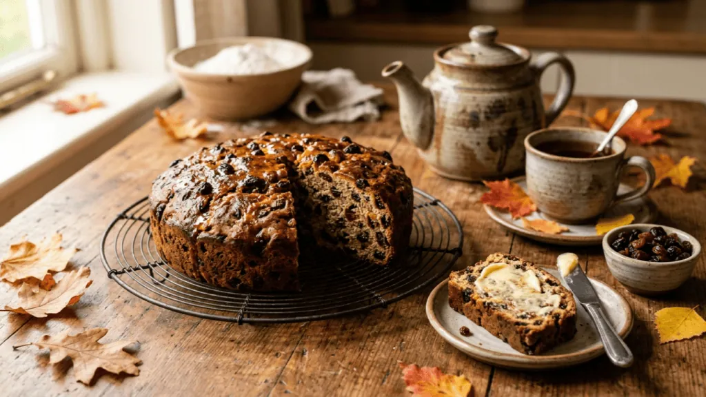 Barmbrack irlandais aux fruits secs sur une grille, tranche beurrée, théière et feuilles d’automne