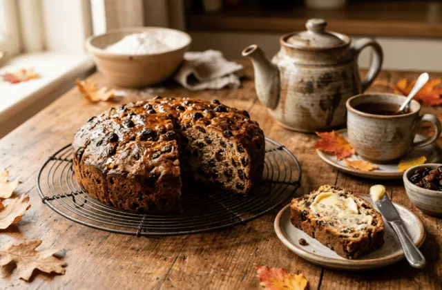 Barmbrack irlandais aux fruits secs sur une grille, tranche beurrée, théière et feuilles d’automne
