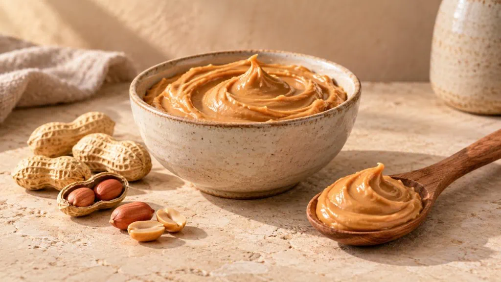 Bol de beurre de cacahuète crémeux avec cacahuètes