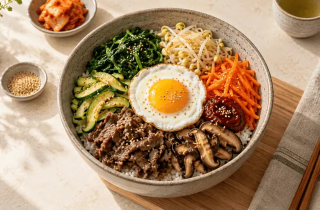 Bibimbap coréen avec légumes, bœuf, œuf et gochujang