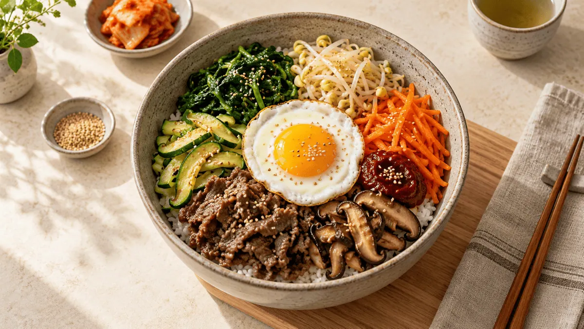Bibimbap coréen avec légumes, bœuf, œuf et gochujang
