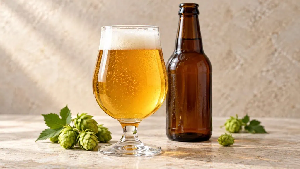 Bière blonde dorée avec mousse blanche dans un verre neutre