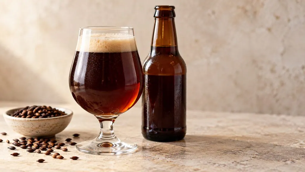 Bière brune acajou avec mousse beige dans un verre neutre