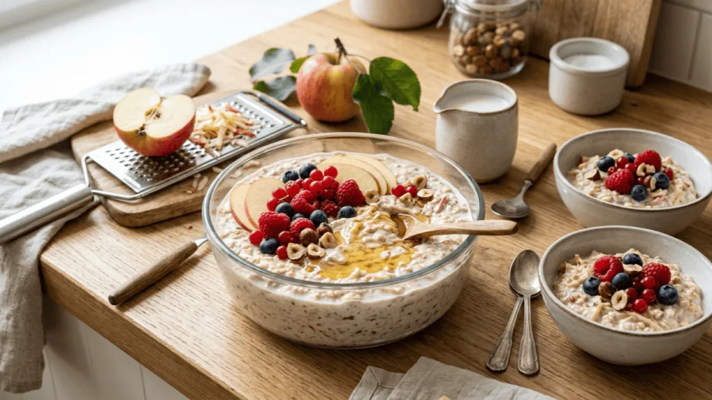 Birchermüesli traditionnel en saladier : flocons d’avoine trempés, pomme râpée, yaourt, fruits rouges, noisettes et miel