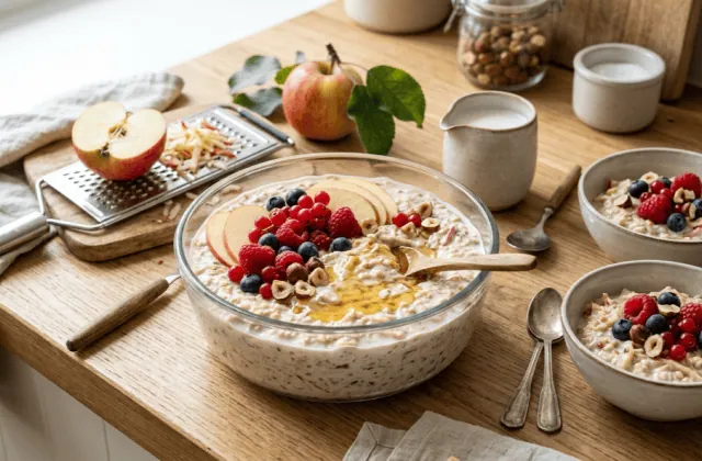 Birchermüesli traditionnel en saladier : flocons d’avoine trempés, pomme râpée, yaourt, fruits rouges, noisettes et miel