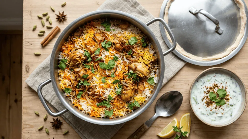 Biryani de poulet maison juste découvert dans sa marmite, avec raïta, citron et épices entières