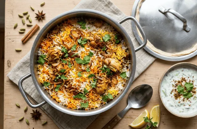 Biryani de poulet maison juste découvert dans sa marmite, avec raïta, citron et épices entières