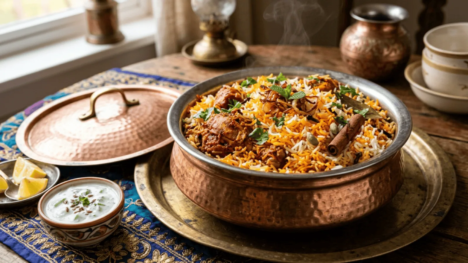 Biryani de poulet dans un handi en cuivre : riz basmati blanc et safrané, poulet épicé, oignons frits, menthe et coriandre, avec raïta et citron